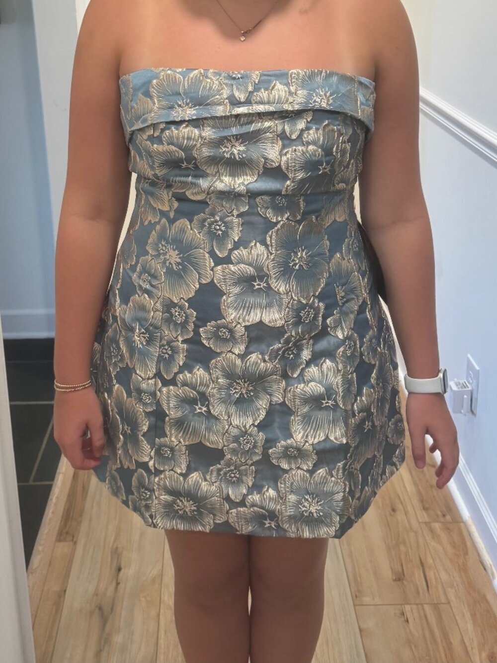 Lulus Kinara Light Blue Floral Jacquard Strapless Mini Dress - Size XL